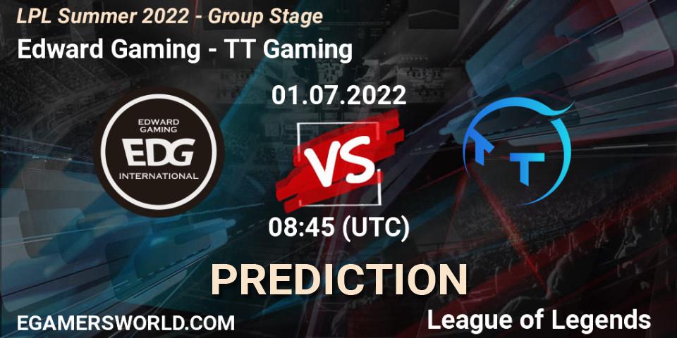 Edward Gaming vs TT Gaming: Betting TIp, Match Prediction. 01.07.2022 at 09:00. LoL, LPL Summer 2022 - Group Stage
