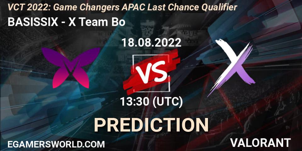 BASISSIX vs X Team Bo: Betting TIp, Match Prediction. 18.08.2022 at 13:30. VALORANT, VCT 2022: Game Changers APAC Last Chance Qualifier
