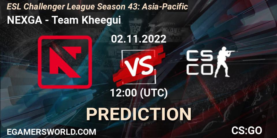 NEXGA vs Team Kheegui: Betting TIp, Match Prediction. 02.11.2022 at 12:00. Counter-Strike (CS2), ESL Challenger League Season 43: Asia-Pacific