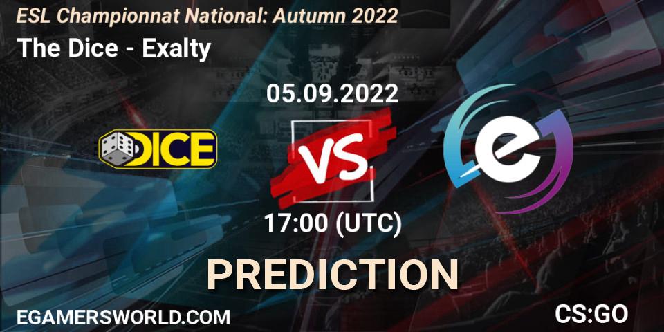 The Dice vs Exalty: Betting TIp, Match Prediction. 05.09.2022 at 17:00. Counter-Strike (CS2), ESL Championnat National: Autumn 2022