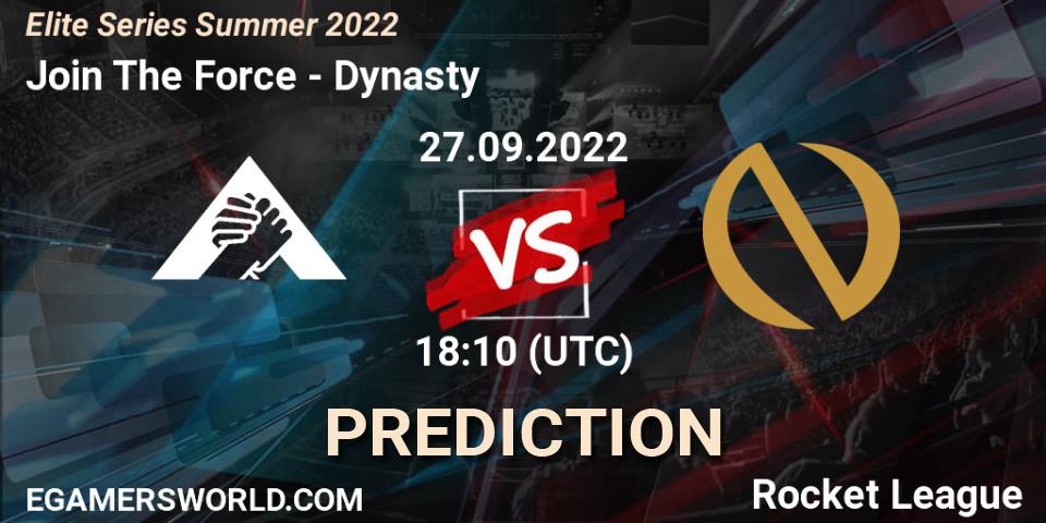 Join The Force vs Dynasty: Betting TIp, Match Prediction. 27.09.2022 at 18:10. Rocket League, Elite Series Summer 2022