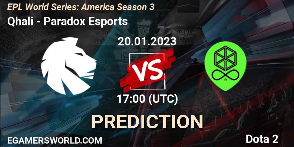 Qhali vs Paradox Esports: Betting TIp, Match Prediction. 20.01.2023 at 17:03. Dota 2, EPL World Series: America Season 3