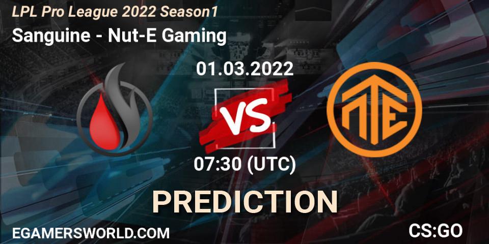 Sanguine vs Nut-E Gaming: Betting TIp, Match Prediction. 01.03.2022 at 07:30. Counter-Strike (CS2), LPL Pro League 2022 Season 1
