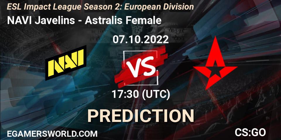 NAVI Javelins vs Astralis Female: Betting TIp, Match Prediction. 07.10.2022 at 17:30. Counter-Strike (CS2), ESL Impact League Season 2: European Division