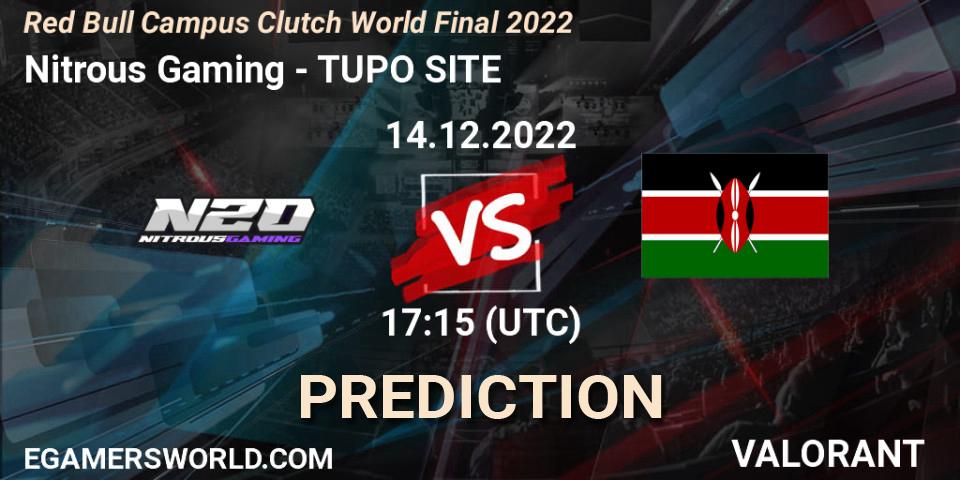 Nitrous Gaming vs TUPO SITE: Betting TIp, Match Prediction. 14.12.2022 at 17:15. VALORANT, Red Bull Campus Clutch World Final 2022