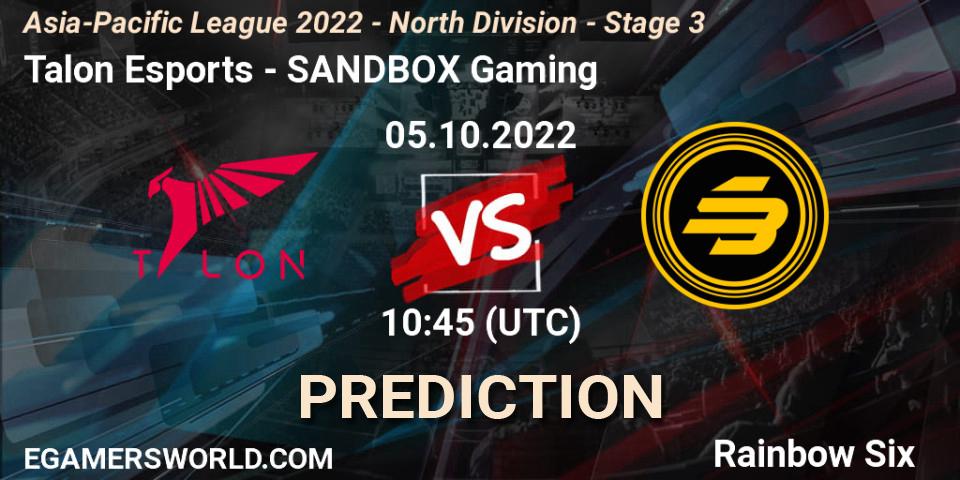 Talon Esports vs SANDBOX Gaming: Betting TIp, Match Prediction. 05.10.2022 at 10:45. Rainbow Six, Asia-Pacific League 2022 - North Division - Stage 3