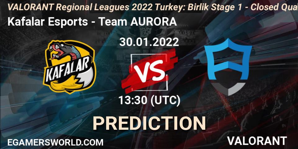 Kafalar Esports vs Team AURORA: Betting TIp, Match Prediction. 30.01.2022 at 14:30. VALORANT, VALORANT Regional Leagues 2022 Turkey: Birlik Stage 1 - Closed Qualifier