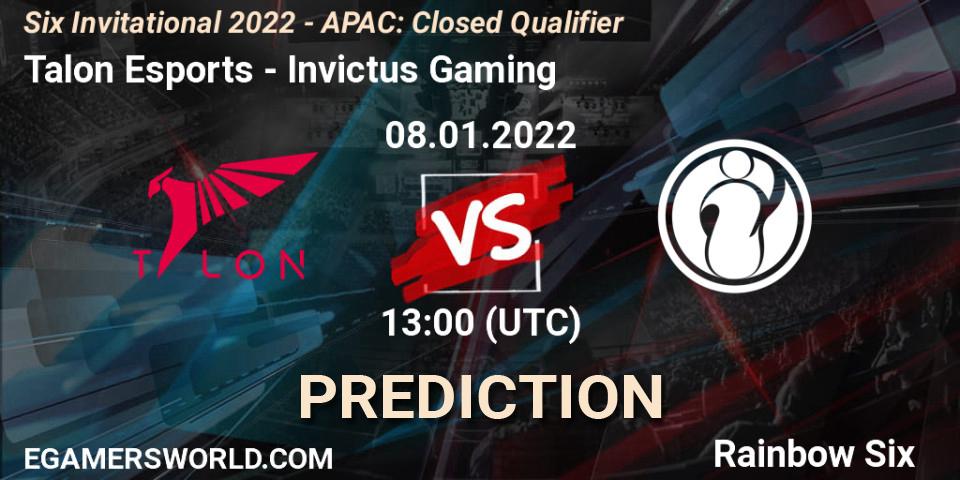 Talon Esports vs Invictus Gaming: Betting TIp, Match Prediction. 08.01.2022 at 13:00. Rainbow Six, Six Invitational 2022 - APAC: Closed Qualifier