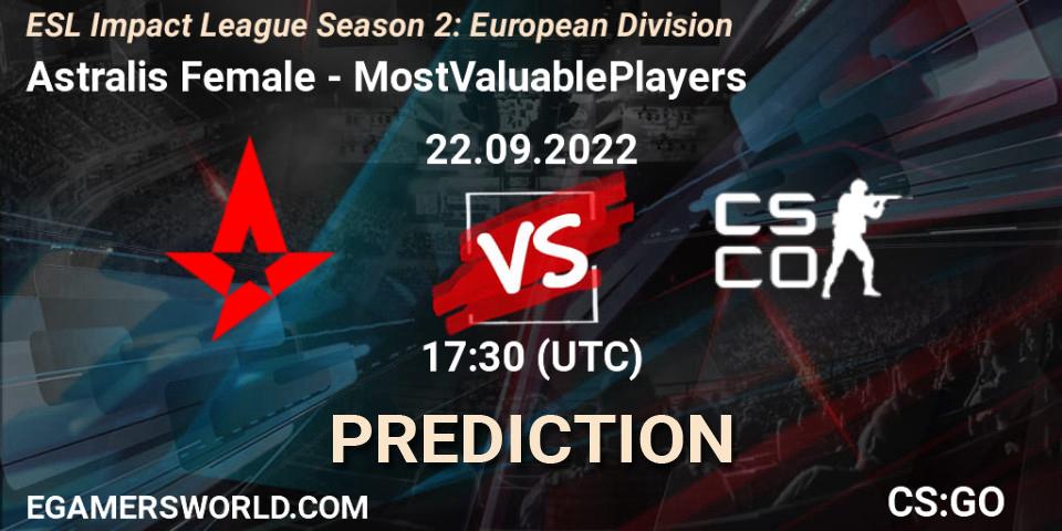 Astralis Female vs MostValuablePlayers: Betting TIp, Match Prediction. 22.09.2022 at 17:30. Counter-Strike (CS2), ESL Impact League Season 2: European Division