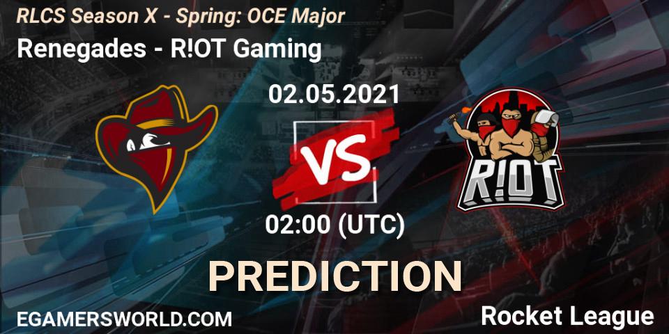 Renegades vs R!OT Gaming: Betting TIp, Match Prediction. 02.05.2021 at 01:45. Rocket League, RLCS Season X - Spring: OCE Major