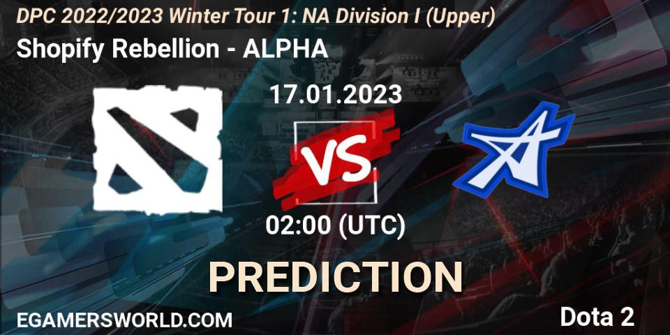 Shopify Rebellion vs ALPHA: Betting TIp, Match Prediction. 17.01.2023 at 02:30. Dota 2, DPC 2022/2023 Winter Tour 1: NA Division I (Upper)