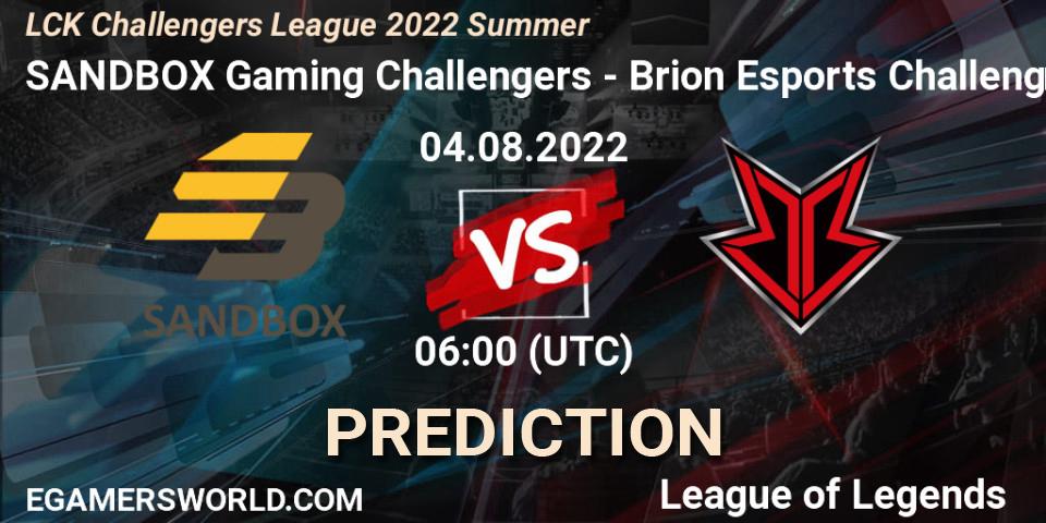 SANDBOX Gaming Challengers vs Brion Esports Challengers: Betting TIp, Match Prediction. 04.08.2022 at 06:00. LoL, LCK Challengers League 2022 Summer