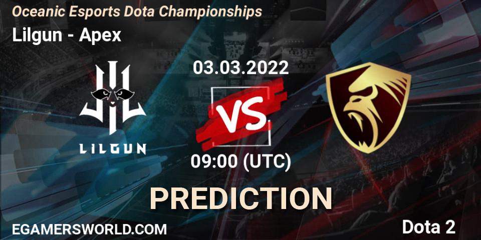 Lilgun vs Apex: Betting TIp, Match Prediction. 03.03.2022 at 05:18. Dota 2, Oceanic Esports Dota Championships