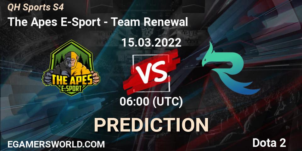 The Apes E-Sport vs Team Renewal: Betting TIp, Match Prediction. 15.03.2022 at 07:55. Dota 2, QH Sports S4