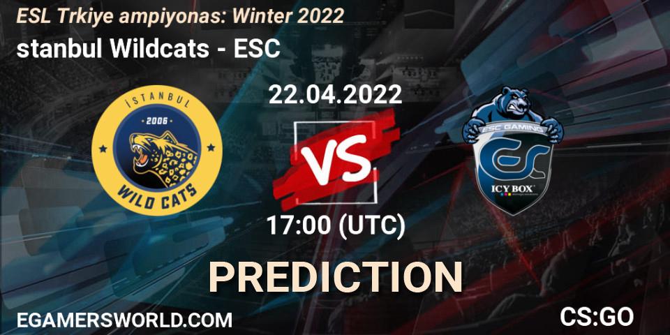 İstanbul Wildcats vs ESC: Betting TIp, Match Prediction. 22.04.2022 at 17:00. Counter-Strike (CS2), ESL Türkiye Şampiyonası: Winter 2022