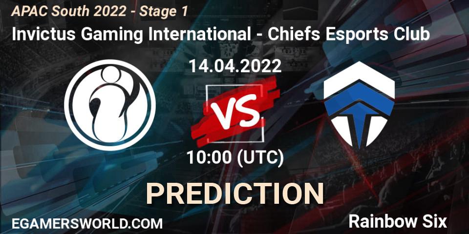 Invictus Gaming International vs Chiefs Esports Club: Betting TIp, Match Prediction. 14.04.2022 at 10:00. Rainbow Six, APAC South 2022 - Stage 1