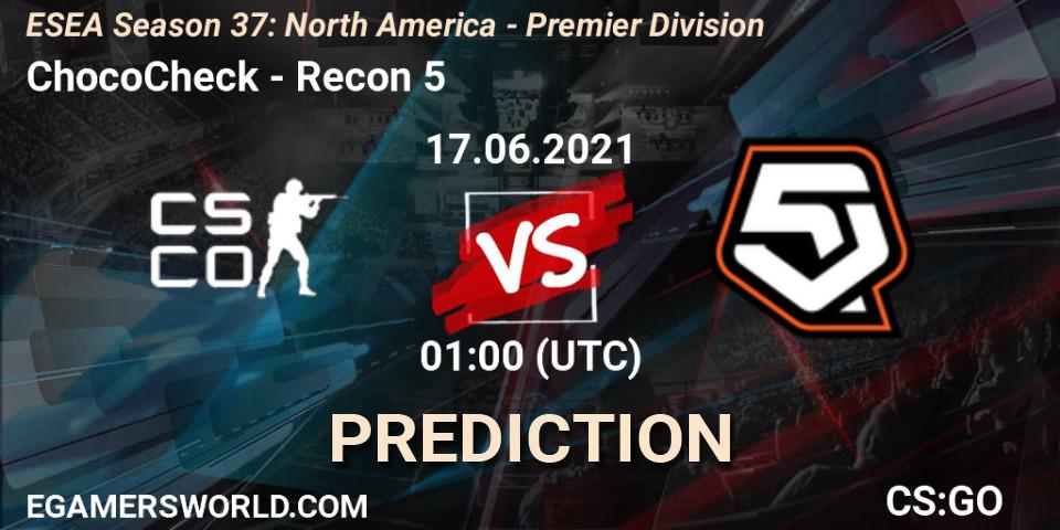 ChocoCheck vs Recon 5: Betting TIp, Match Prediction. 17.06.2021 at 01:00. Counter-Strike (CS2), ESEA Season 37: North America - Premier Division