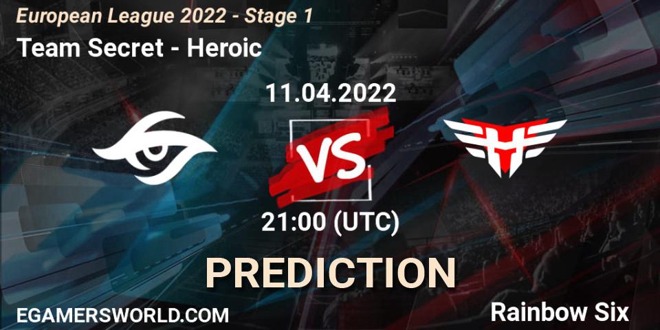 Team Secret vs Heroic: Betting TIp, Match Prediction. 11.04.2022 at 21:00. Rainbow Six, European League 2022 - Stage 1