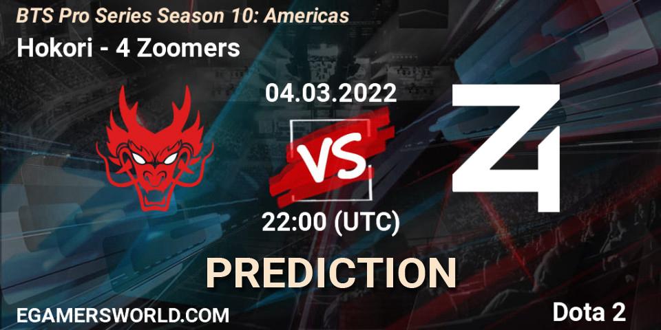 Hokori vs 4 Zoomers: Betting TIp, Match Prediction. 04.03.2022 at 22:03. Dota 2, BTS Pro Series Season 10: Americas
