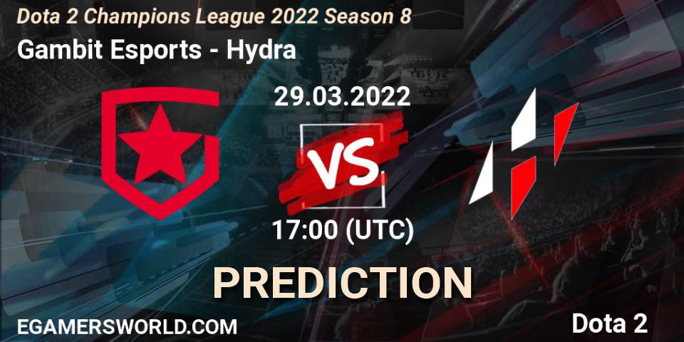 Gambit Esports vs Hydra: Betting TIp, Match Prediction. 29.03.2022 at 17:31. Dota 2, Dota 2 Champions League 2022 Season 8