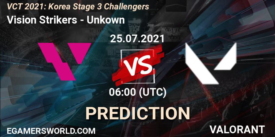 Vision Strikers vs Unkown: Betting TIp, Match Prediction. 25.07.2021 at 06:00. VALORANT, VCT 2021: Korea Stage 3 Challengers