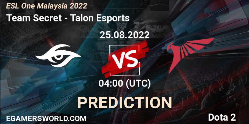 Team Secret vs Talon Esports: Betting TIp, Match Prediction. 25.08.2022 at 04:00. Dota 2, ESL One Malaysia 2022
