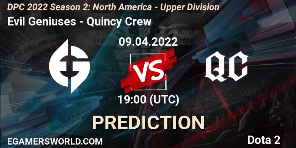 Evil Geniuses vs Quincy Crew: Betting TIp, Match Prediction. 09.04.2022 at 19:17. Dota 2, DPC 2021/2022 Tour 2 (Season 2): NA Division I (Upper) - ESL One Spring 2022