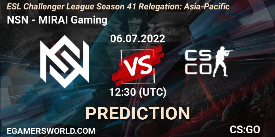 NSN vs MIRAI Gaming: Betting TIp, Match Prediction. 06.07.2022 at 12:30. Counter-Strike (CS2), ESL Challenger League Season 41 Relegation: Asia-Pacific