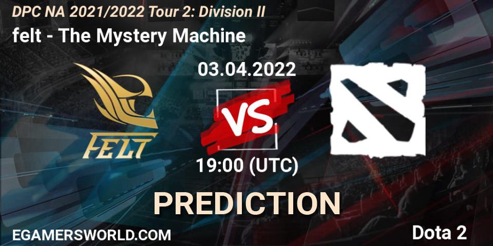 felt vs The Mystery Machine: Betting TIp, Match Prediction. 03.04.2022 at 18:55. Dota 2, DP 2021/2022 Tour 2: NA Division II (Lower) - ESL One Spring 2022