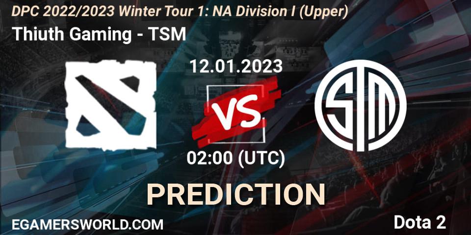 Thiuth Gaming vs TSM: Betting TIp, Match Prediction. 12.01.2023 at 02:06. Dota 2, DPC 2022/2023 Winter Tour 1: NA Division I (Upper)