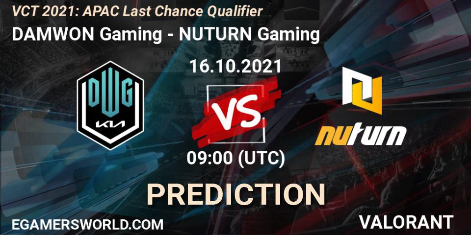 DAMWON Gaming vs NUTURN Gaming: Betting TIp, Match Prediction. 16.10.2021 at 09:00. VALORANT, VCT 2021: APAC Last Chance Qualifier