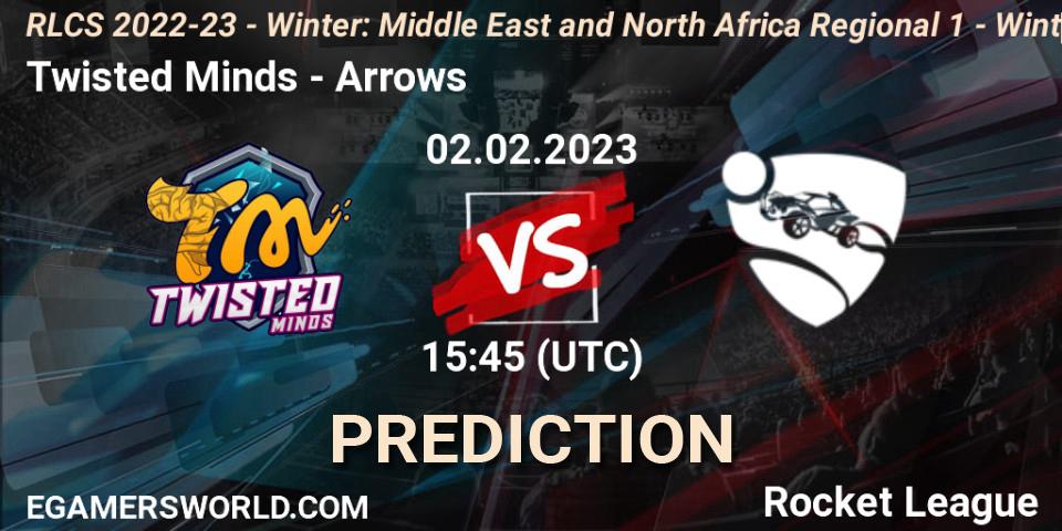 Twisted Minds vs Arrows: Betting TIp, Match Prediction. 02.02.2023 at 15:45. Rocket League, RLCS 2022-23 - Winter: Middle East and North Africa Regional 1 - Winter Open