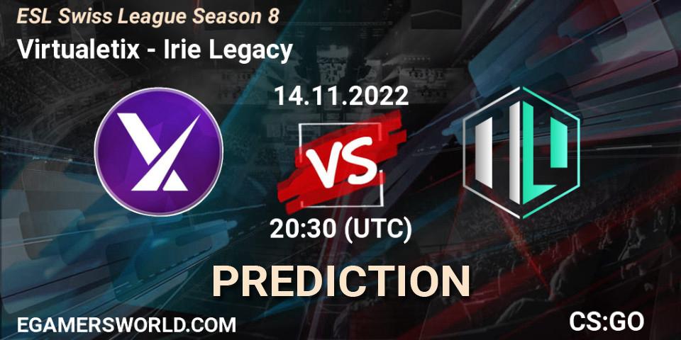Virtualetix vs Irie Legacy: Betting TIp, Match Prediction. 17.11.2022 at 19:00. Counter-Strike (CS2), ESL Swiss League Season 8