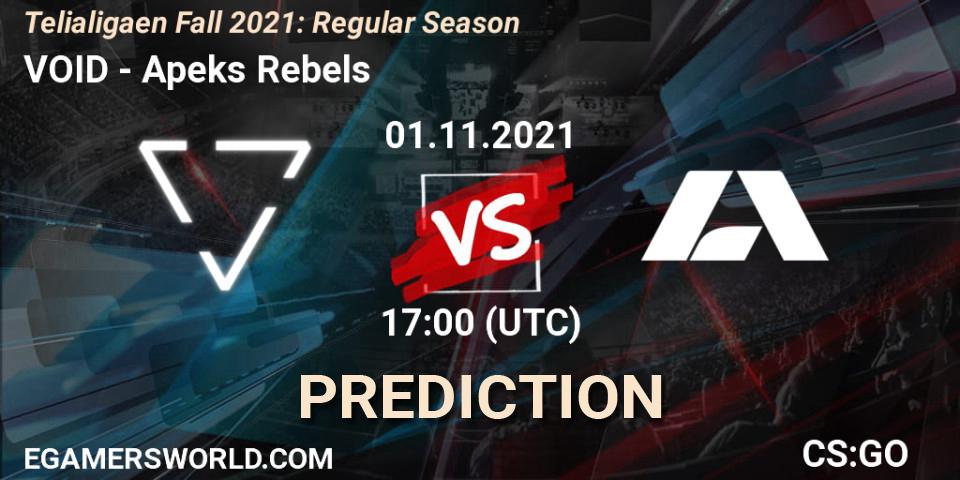 VOID vs Apeks Rebels: Betting TIp, Match Prediction. 01.11.2021 at 17:00. Counter-Strike (CS2), Telialigaen Fall 2021: Regular Season