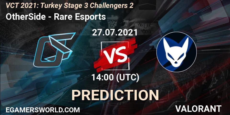OtherSide vs Rare Esports: Betting TIp, Match Prediction. 27.07.2021 at 16:00. VALORANT, VCT 2021: Turkey Stage 3 Challengers 2