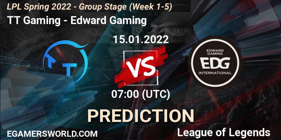 TT Gaming vs Edward Gaming: Betting TIp, Match Prediction. 15.01.2022 at 07:00. LoL, LPL Spring 2022 - Group Stage (Week 1-5)