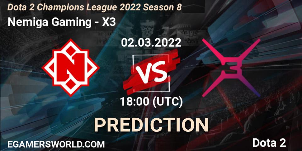 Nemiga Gaming vs X3: Betting TIp, Match Prediction. 22.03.2022 at 18:10. Dota 2, Dota 2 Champions League 2022 Season 8
