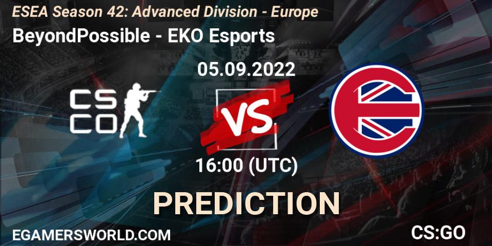 BeyondPossible vs EKO Esports: Betting TIp, Match Prediction. 05.09.2022 at 16:00. Counter-Strike (CS2), ESEA Season 42: Advanced Division - Europe