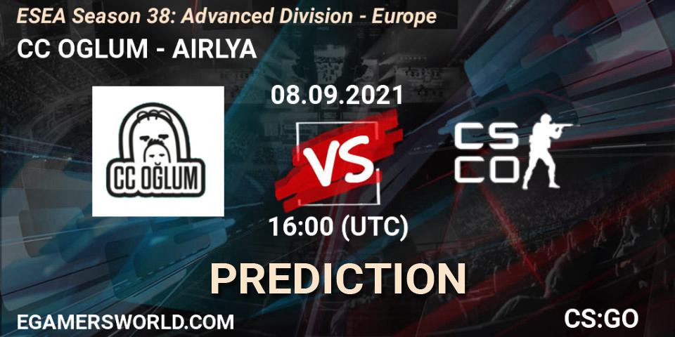 CC OGLUM vs AIRLYA: Betting TIp, Match Prediction. 08.09.2021 at 16:00. Counter-Strike (CS2), ESEA Season 38: Advanced Division - Europe