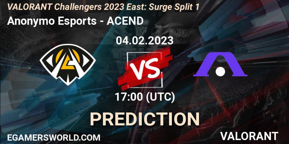 Anonymo Esports vs ACEND: Betting TIp, Match Prediction. 04.02.23. VALORANT, VALORANT Challengers 2023 East: Surge Split 1