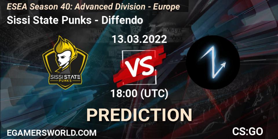 Sissi State Punks vs Diffendo: Betting TIp, Match Prediction. 13.03.2022 at 18:00. Counter-Strike (CS2), ESEA Season 40: Advanced Division - Europe