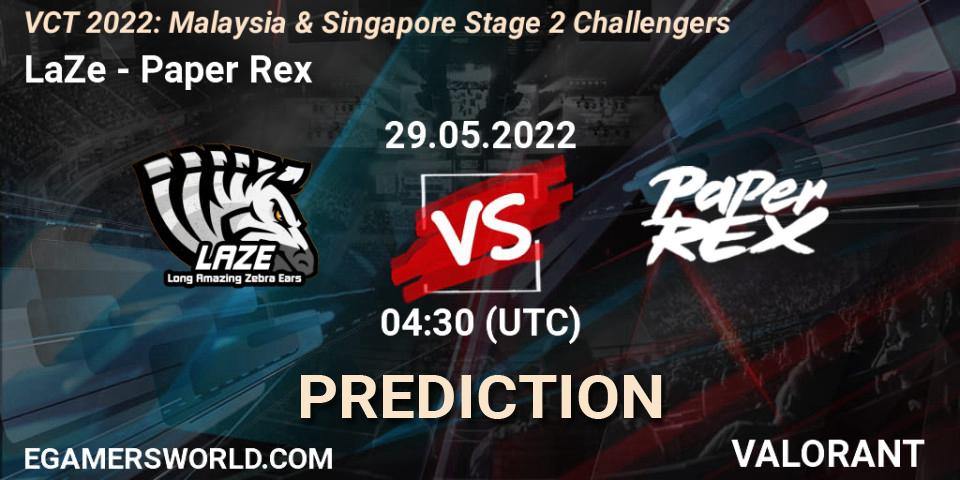 LaZe vs Paper Rex: Betting TIp, Match Prediction. 29.05.2022 at 04:30. VALORANT, VCT 2022: Malaysia & Singapore Stage 2 Challengers