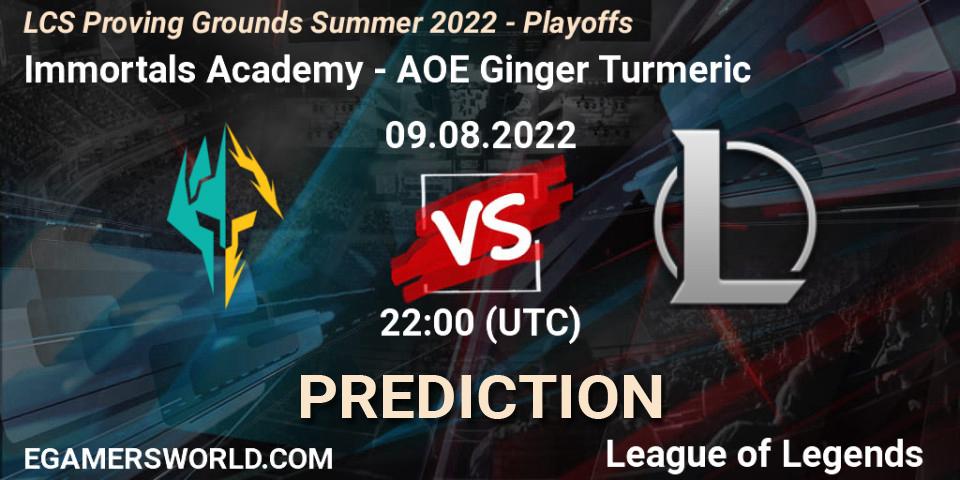 Immortals Academy vs AOE Ginger Turmeric: Betting TIp, Match Prediction. 09.08.2022 at 22:00. LoL, LCS Proving Grounds Summer 2022 - Playoffs