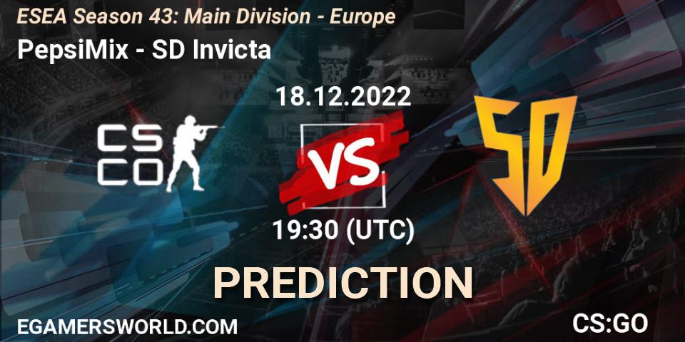 PepsiMix vs SD Invicta: Betting TIp, Match Prediction. 19.12.2022 at 18:00. Counter-Strike (CS2), ESEA Season 43: Main Division - Europe
