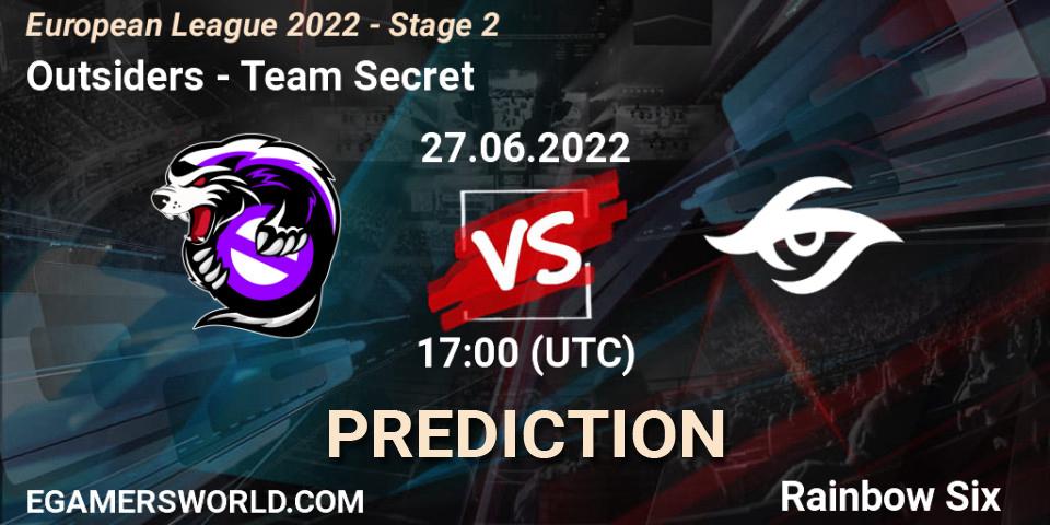 Outsiders vs Team Secret: Betting TIp, Match Prediction. 27.06.2022 at 16:00. Rainbow Six, European League 2022 - Stage 2