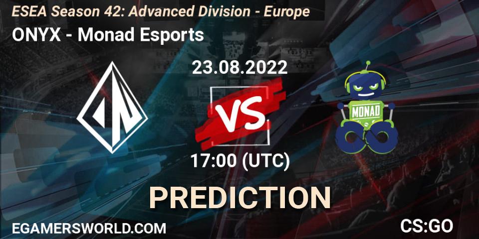 ONYX vs Monad Esports: Betting TIp, Match Prediction. 30.08.2022 at 16:00. Counter-Strike (CS2), ESEA Season 42: Advanced Division - Europe