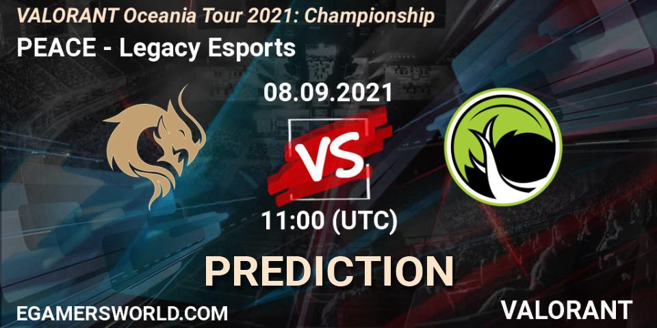 PEACE vs Legacy Esports: Betting TIp, Match Prediction. 08.09.2021 at 11:00. VALORANT, VALORANT Oceania Tour 2021: Championship