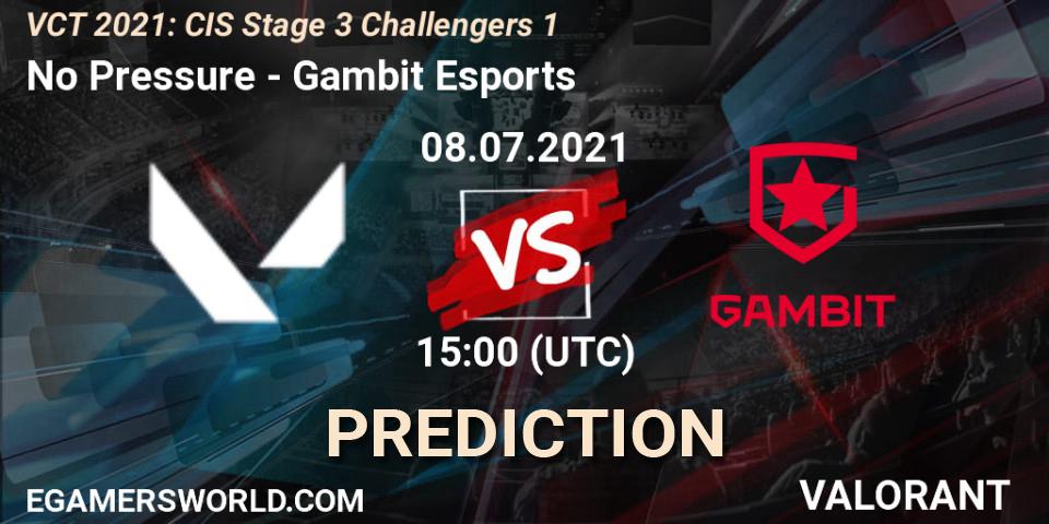 No Pressure vs Gambit Esports: Betting TIp, Match Prediction. 08.07.2021 at 15:00. VALORANT, VCT 2021: CIS Stage 3 Challengers 1