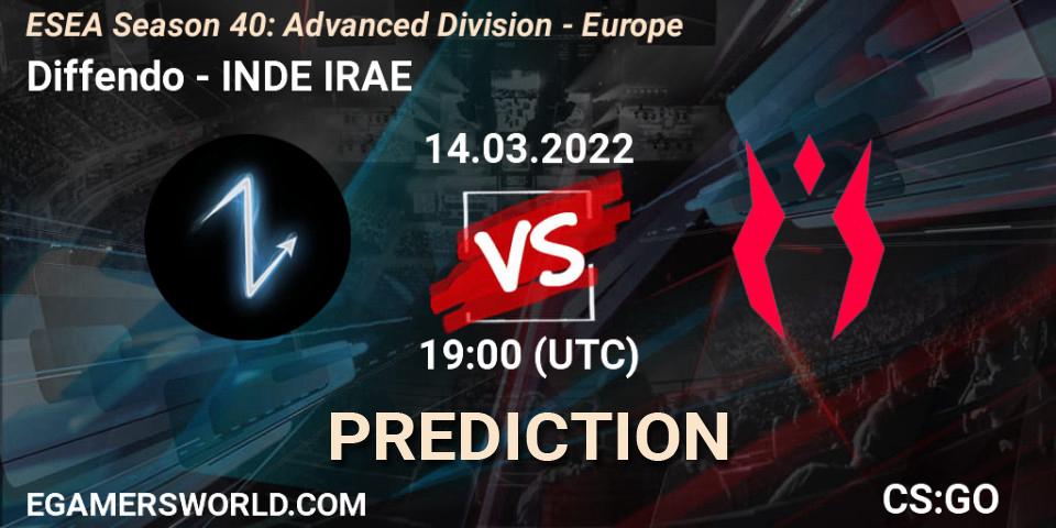 Diffendo vs INDE IRAE: Betting TIp, Match Prediction. 14.03.2022 at 19:00. Counter-Strike (CS2), ESEA Season 40: Advanced Division - Europe