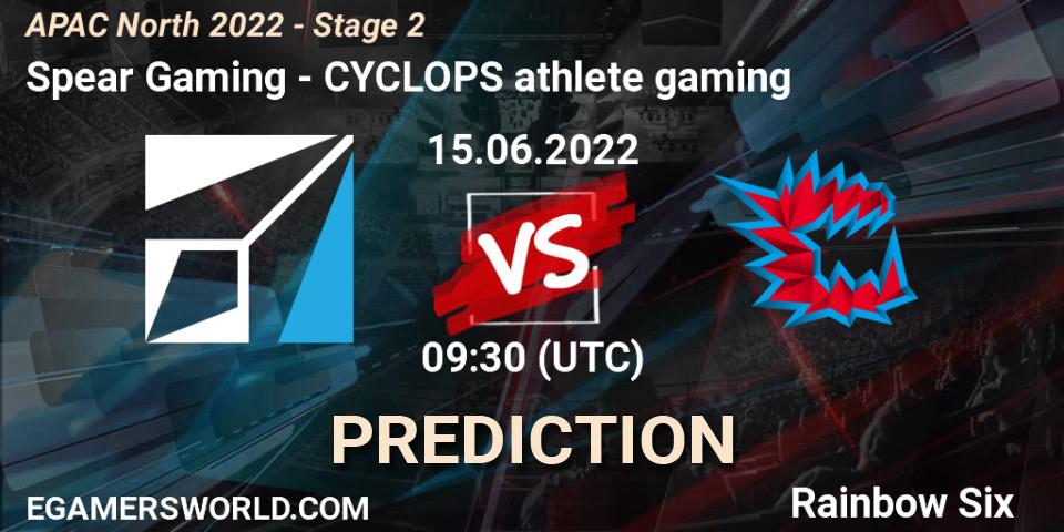 Spear Gaming vs CYCLOPS athlete gaming: Betting TIp, Match Prediction. 15.06.2022 at 09:30. Rainbow Six, APAC North 2022 - Stage 2